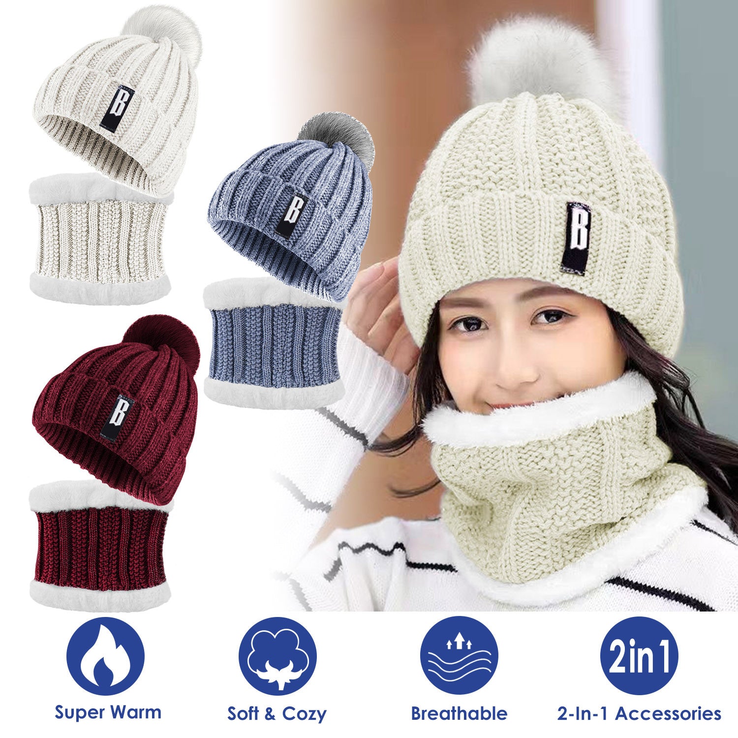 Women's Winter Beanie Hat & Scarf Set - Warm Knitting Gift Set for Outdoors - DropOnline.co