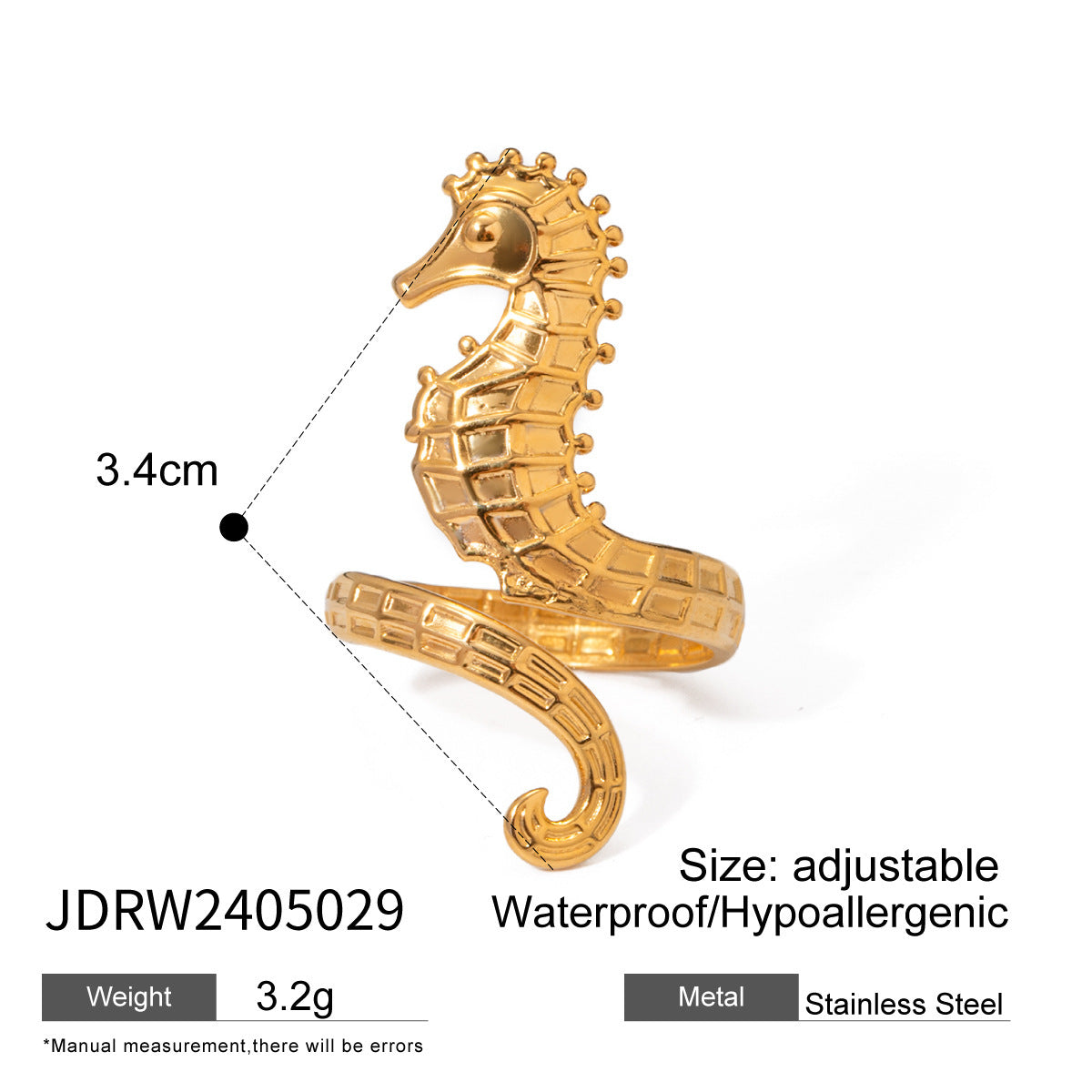 Ocean 18K Gold Stainless Steel Seahorse Opening Ring - DropOnline.co