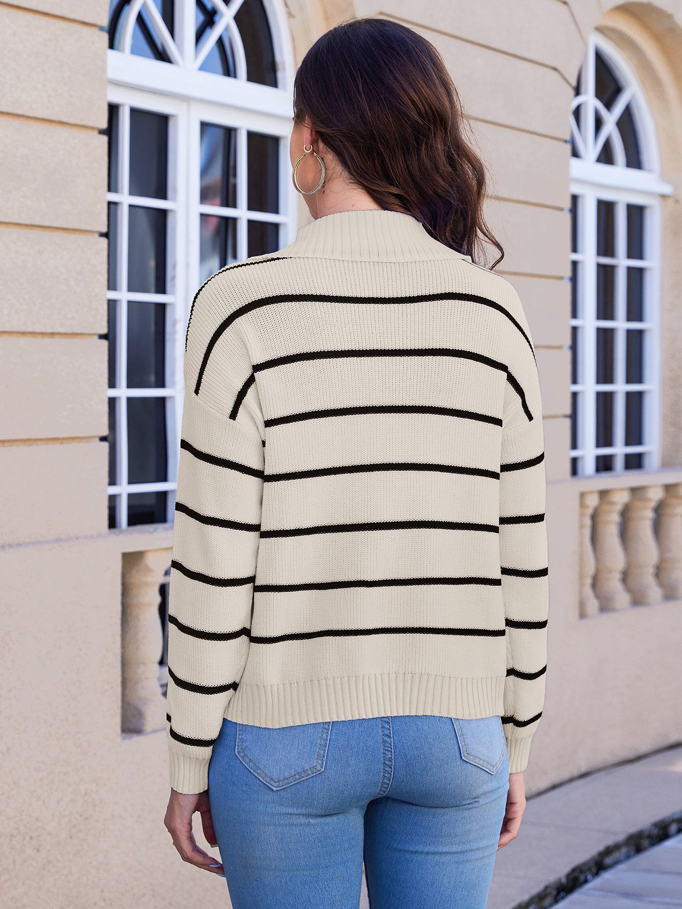 Women's Striped V-neck Long Sleeved Sweater - DropOnline.co