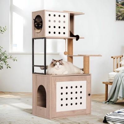 Cat Tree With Litter Box Enclosure, Allinone Cat Tower For Indoor Cats With Large Hammock, Bed, Food Station, Scratching Posts, Modern Style Pet Furniture, Gray White - DropOnline.co