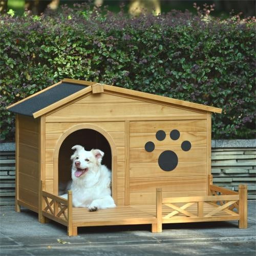 48 Wooden Dog House Outdoor With Porch, Dog Kennel With Water-Resistant Asphalt Roof And Fencing,Indoor & Outdoor Dog Crate With Paw Print, Medium, Nature - DropOnline.co
