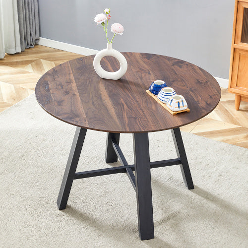 Modern Minimalist Round Dining Table And Coffee Table. 42 Inch Diameter MDF Table Top, Deep Wood Grain Table Top, Black Metal Legs, Fits Home & Office F-1172 - DropOnline.co