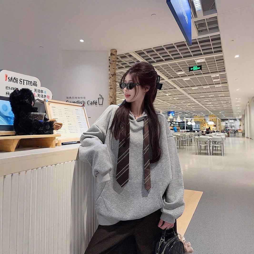 Loose Casual Women's Hooded Tie Sweatshirt