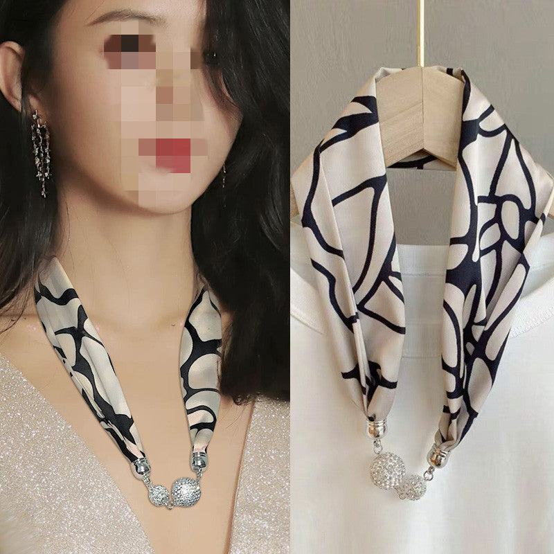 Magnetic Buckle Silk Scarf with Pearl Necklace - Women's Fashion Accessory - DropOnline.co
