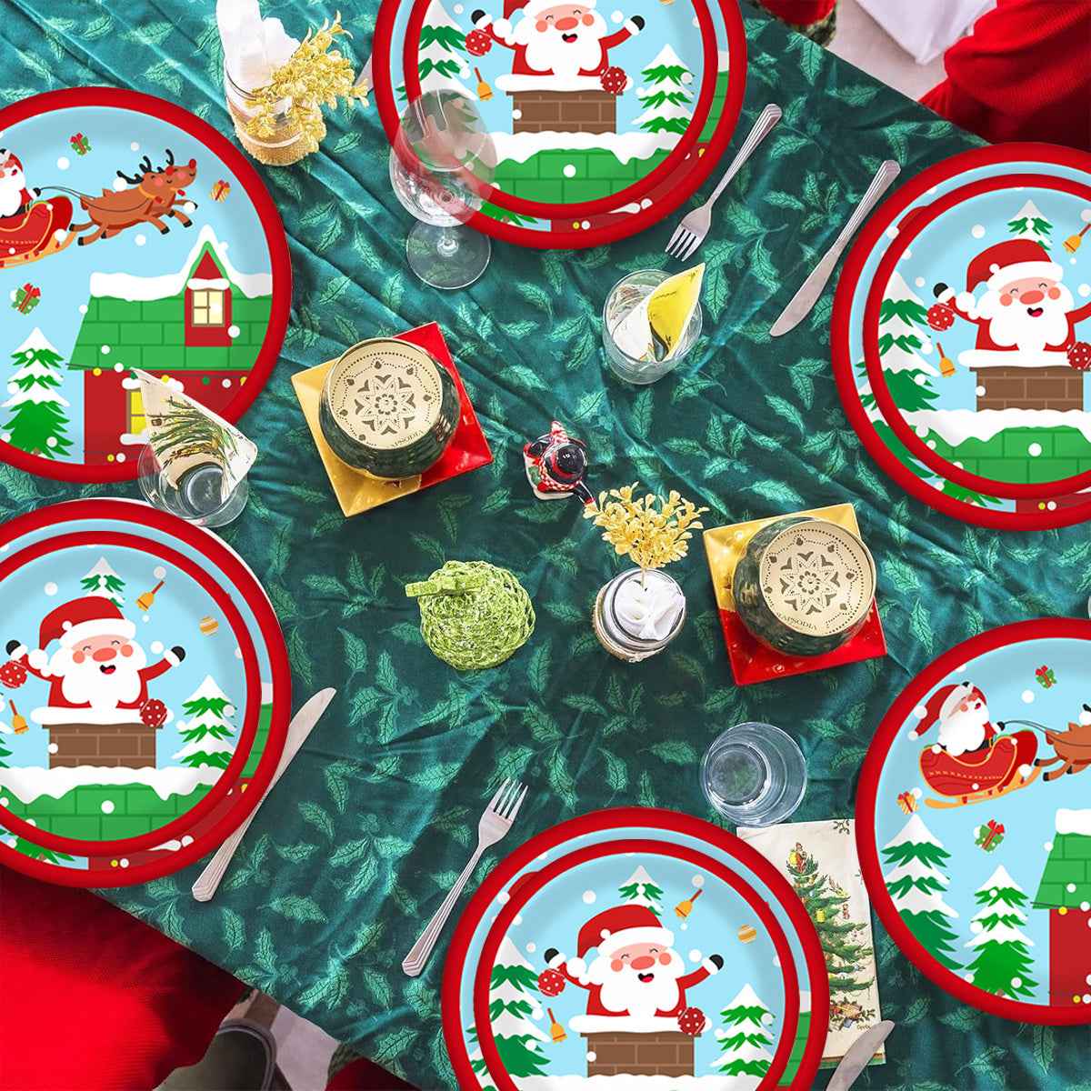 Christmas Paper Plates and Cups Set for 10 Guests - Santa Claus Elk Pattern - DropOnline.co
