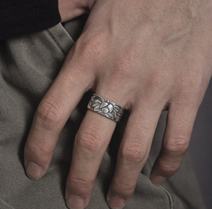 Thai Silver Black Lotus Heart Sutra  Ring - DropOnline.co