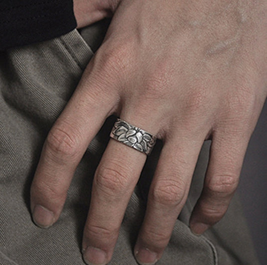 Thai Silver Black Lotus Heart Sutra  Ring - DropOnline.co