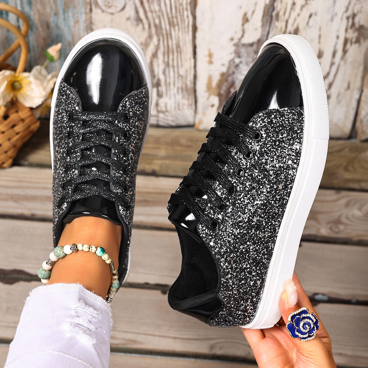 Plus Size Sequined Front Lace-up Solid Color Plus Size Board Shoes - DropOnline.co