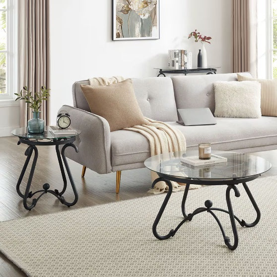 2 Piece Tempered Glass Finished Coffee Table Set With Decorative Coffee Table Round End Side Table - DropOnline.co