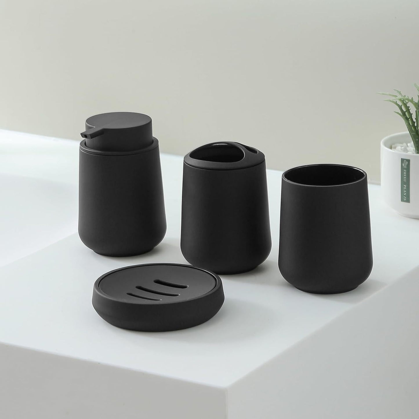 Matte Black Bathroom Accessories Set Plastic Soap Dispenser Toothbrush Holder Cup Soap Dish For Modern Bathroom Decor - DropOnline.co