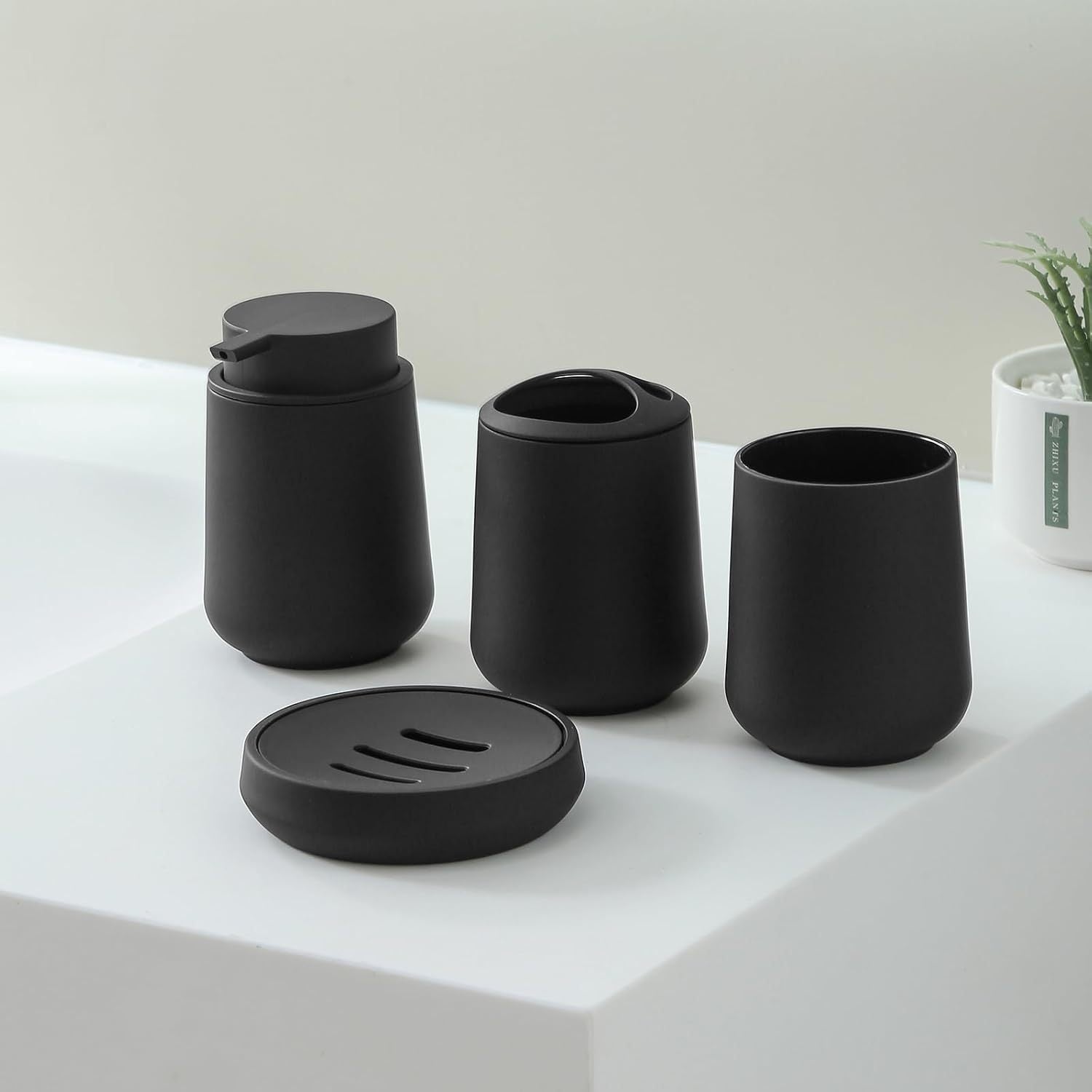 Matte Black Bathroom Accessories Set Plastic Soap Dispenser Toothbrush Holder Cup Soap Dish For Modern Bathroom Decor - DropOnline.co