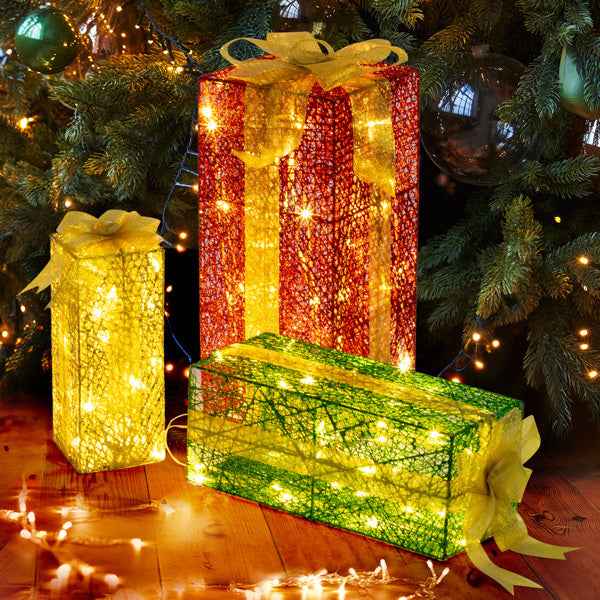 3pcs Green Gold Christmas Lighting Gift Box - 18in-15in-11in Stacking Set - DropOnline.co