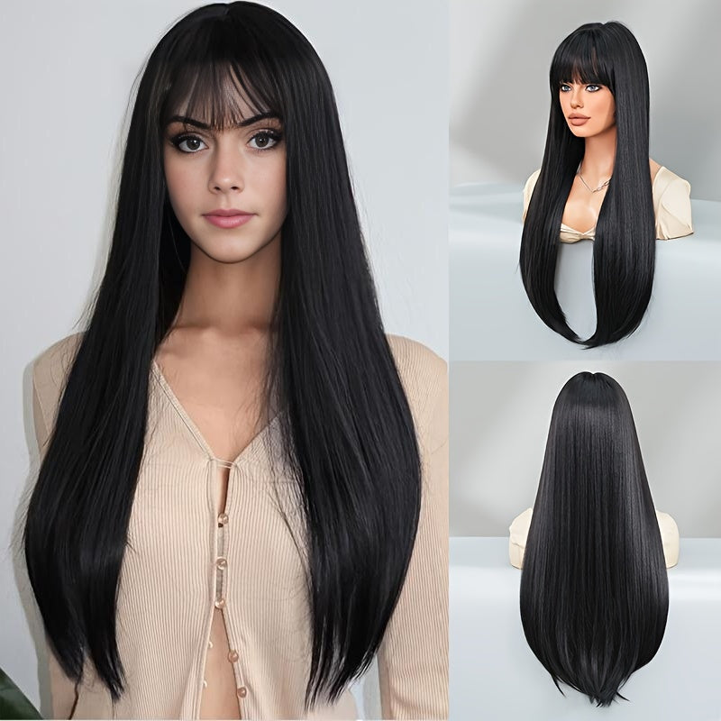 Stylish Synthetic Wig With Straight Hair, Non-toxic Wig, 26-inch Heat-resistant Long Black Hair, Bangs And Rose Net Hat, Suitable For The Whole Scene. - DropOnline.co