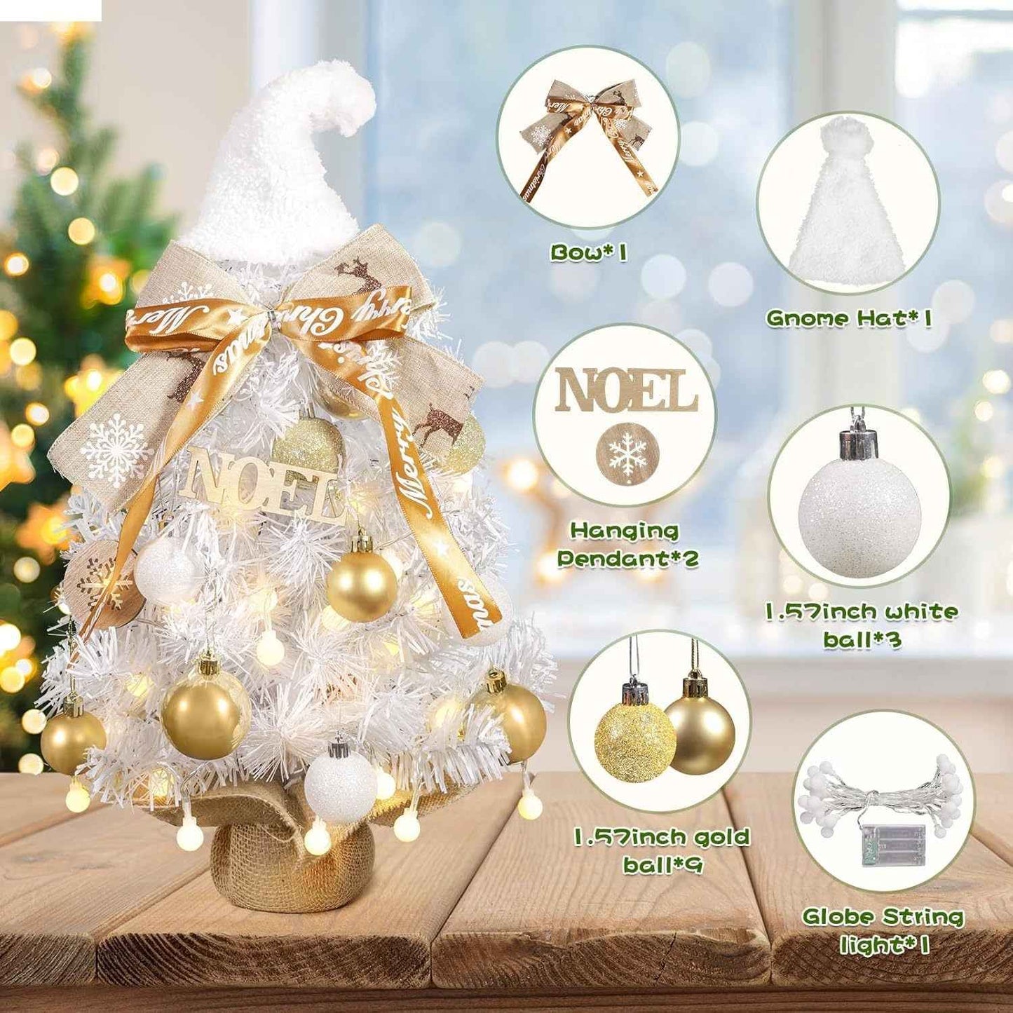 24-Inch Snowy Christmas Tree - Golden Balls, Ribbons & Festive Hat - DropOnline.co