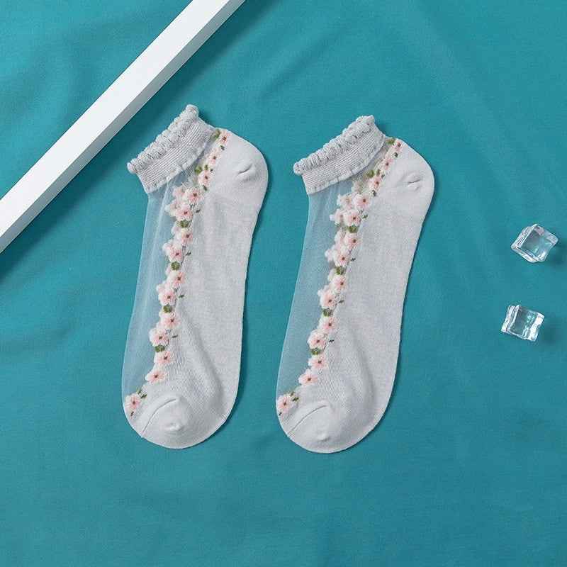 Women's Thin Spun Glass Lace Crystal Boat Socks - Delicate No-Show Socks