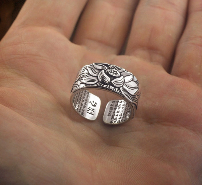 Thai Silver Black Lotus Heart Sutra  Ring - DropOnline.co