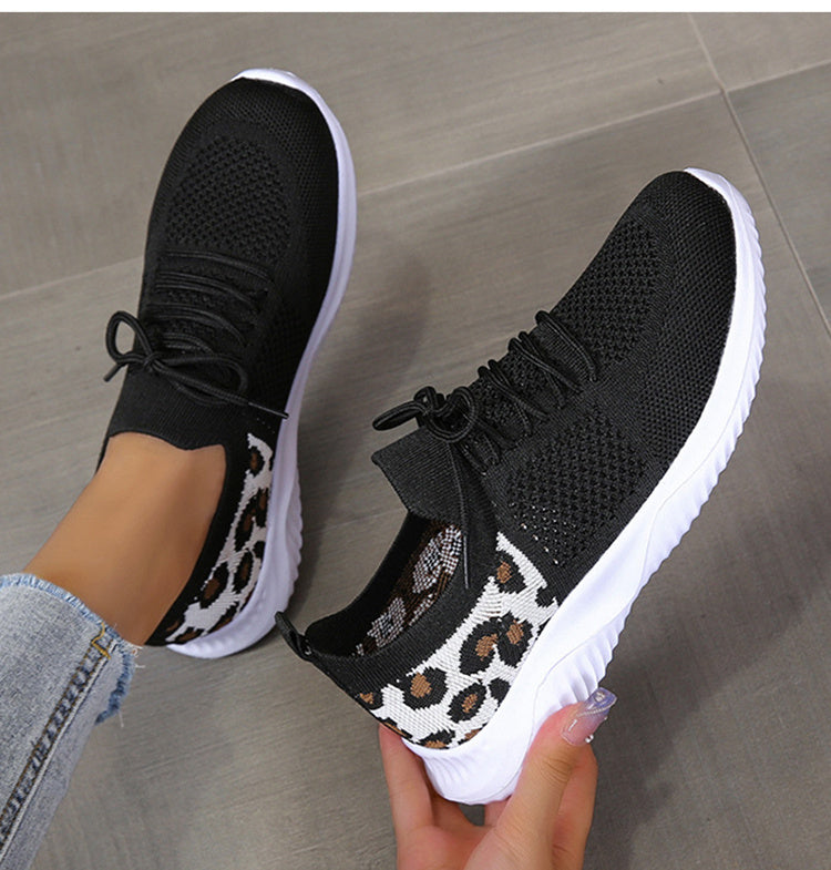 White Shoes Women Leopard Print Lace-up Sneakers Sports - DropOnline.co