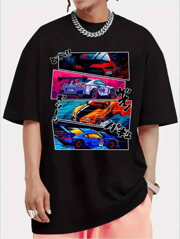 Men's Street Style Sports Car Print T-Shirt - Summer Outdoor Graphic Tee
