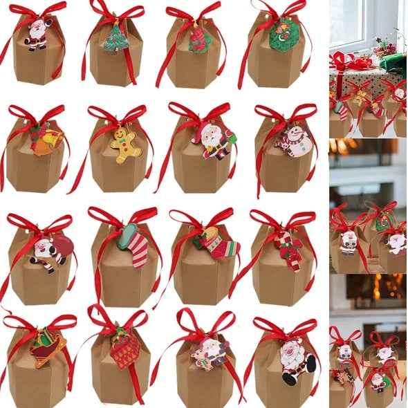 24 Pcs Christmas Gift Boxes with Ribbon & Cards - Santa Reindeer Snowman Pattern - DropOnline.co