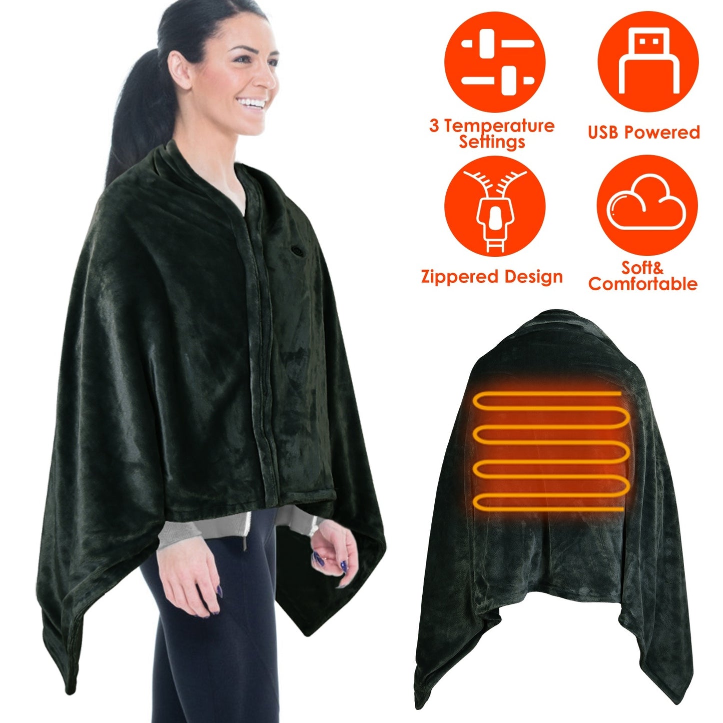 USB Heated Blanket Poncho - 59x31in Electric Heated Shawl Wrap with Zipper - DropOnline.co