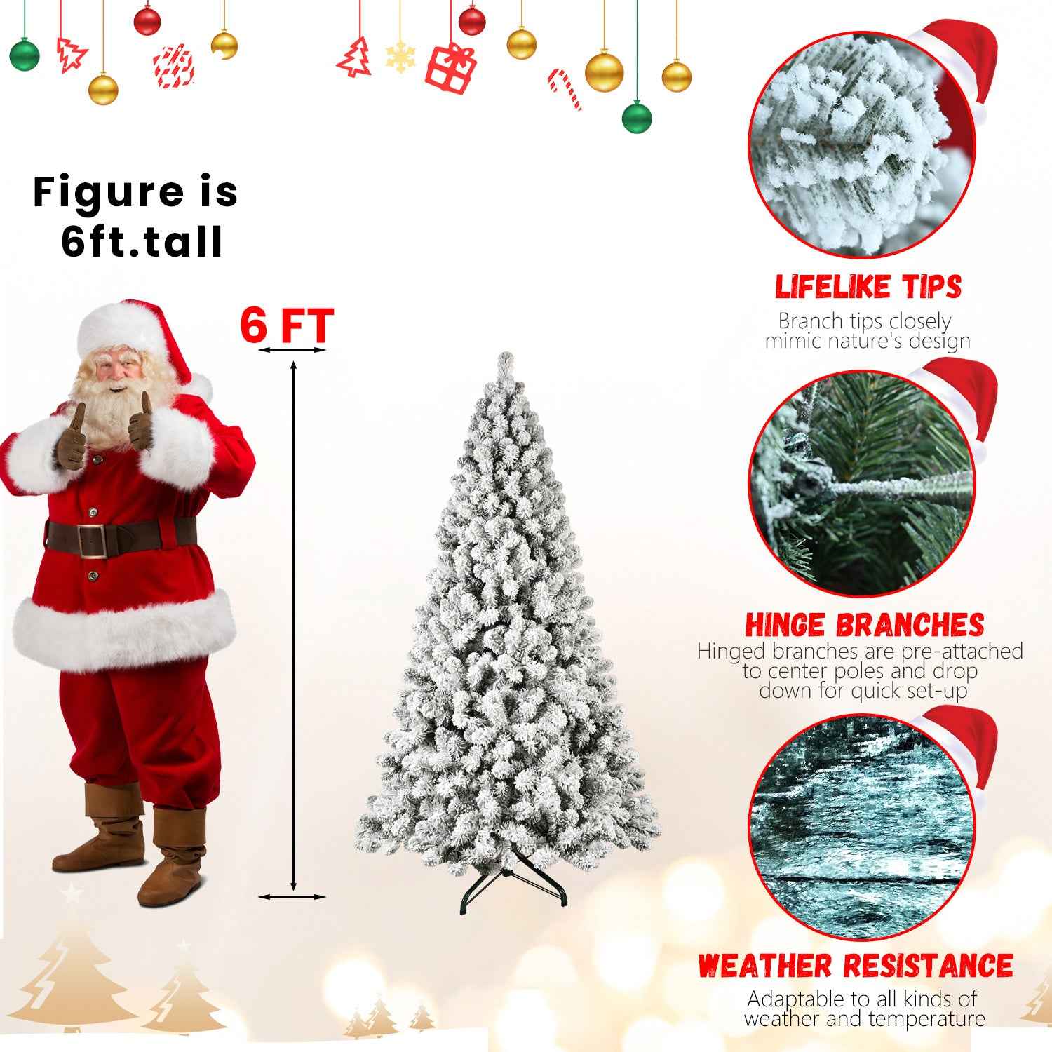 Pre-Lit Flocked Christmas Tree - 5ft-9ft Hinged Artificial Xmas Trees with Lights - DropOnline.co