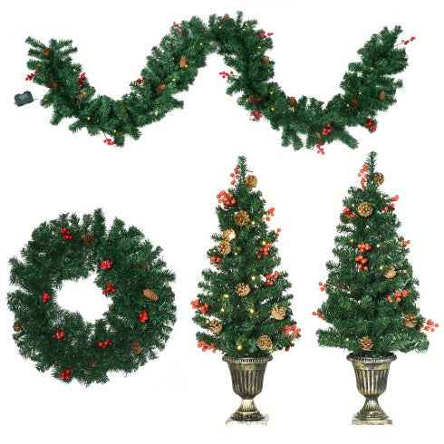 HOMCOM Prelit Holiday Christmas 4-Piece Set - Garland Wreath & 2 Entrance Trees - DropOnline.co
