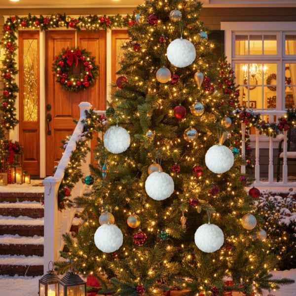 6PCS Cream Ruffle Christmas Ball Ornaments - White Polyester Hanging Tree Decorations (4 inch) - DropOnline.co