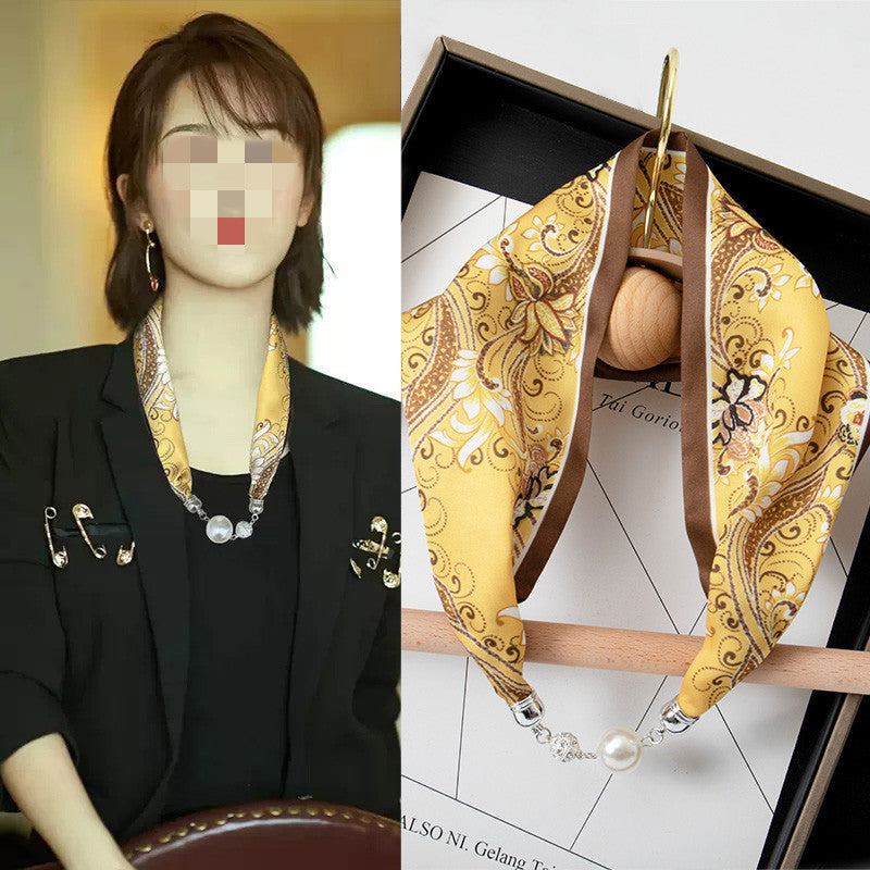 Magnetic Buckle Silk Scarf with Pearl Necklace - Women's Fashion Accessory - DropOnline.co