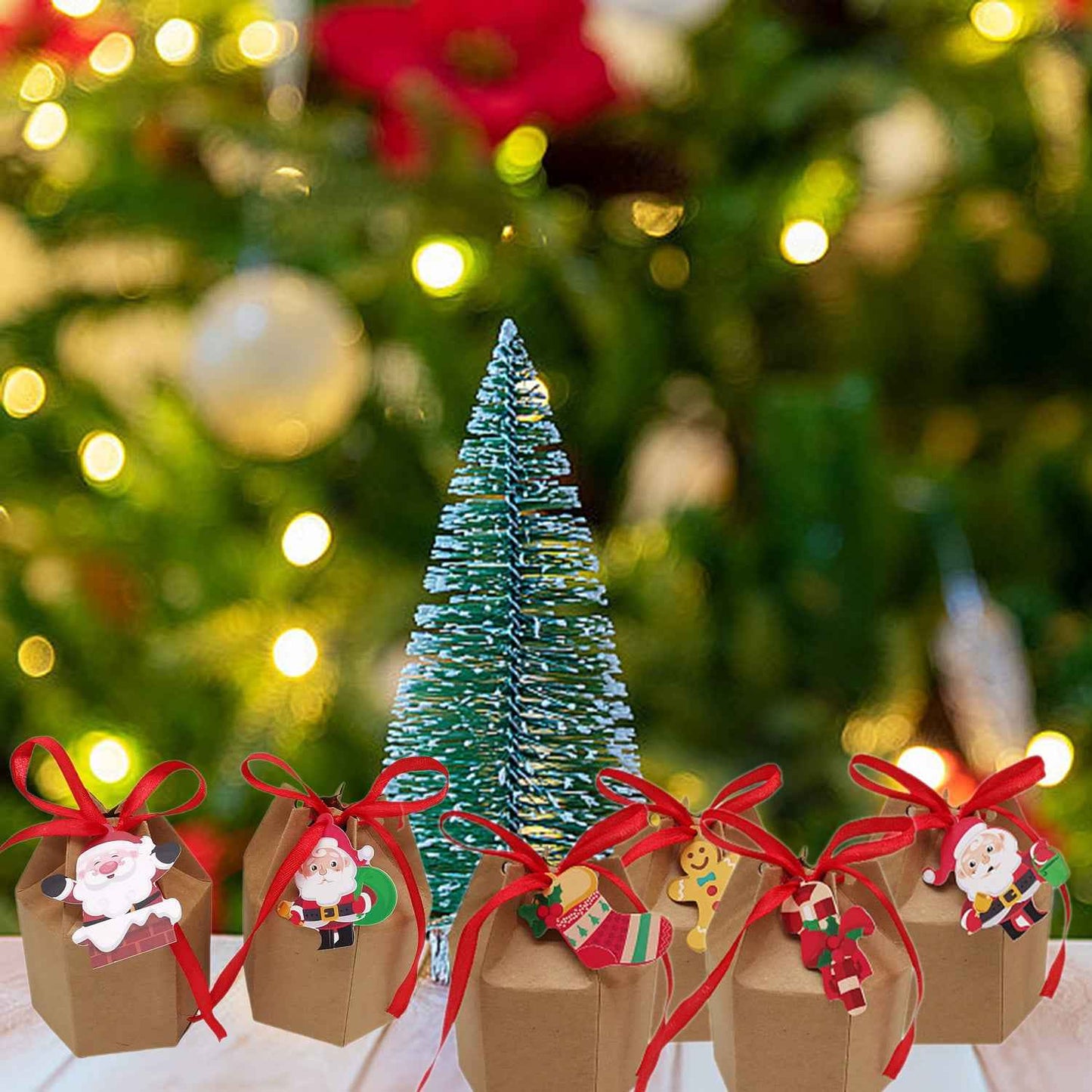 24 Pcs Christmas Treat Boxes with Cards & Ribbon - Xmas Tree Santa Kraft Paper - DropOnline.co