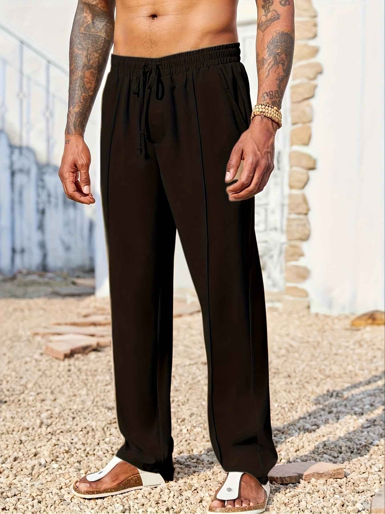 Men's Casual Loose Trousers - Quick-Drying Waist-Tied Pants with Pockets