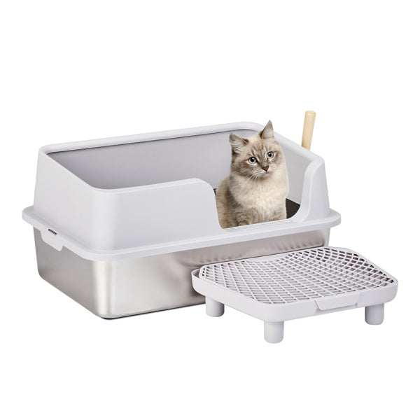 61x40x33CM, Litter Box, Stainless Steel And Plastic, Upper And Lower Snap Type, With Litter Spatula, Foot Pad - Grey - DropOnline.co