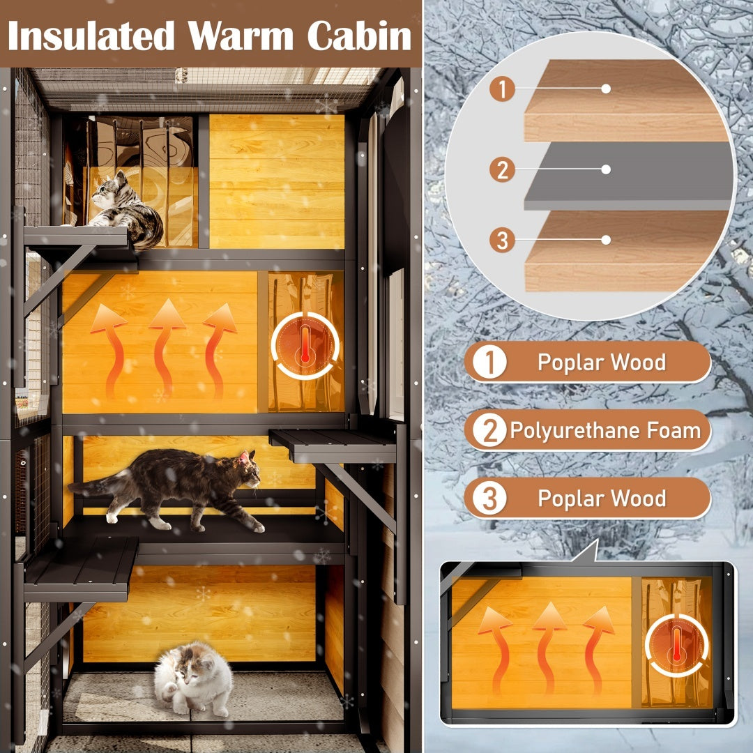 GO Large Cat Catio 4 Tiers Cat Enclosure For Outdoor, Cat House Weatherproof Attached To Window For Multiple Cats With Platforms And Resting Rooms, Brown - DropOnline.co