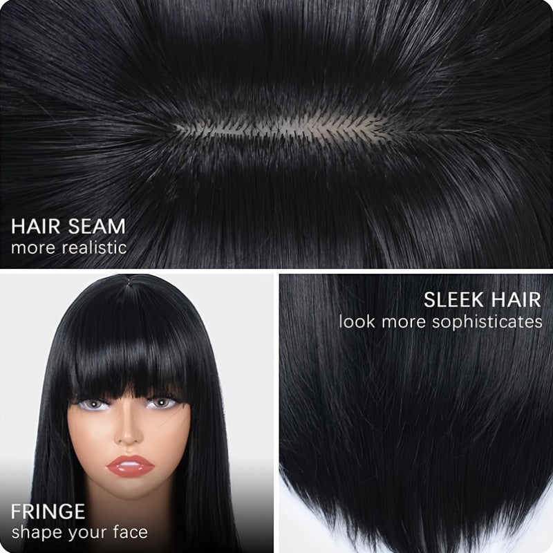 Stylish Synthetic Wig With Straight Hair, Non-toxic Wig, 26-inch Heat-resistant Long Black Hair, Bangs And Rose Net Hat, Suitable For The Whole Scene. - DropOnline.co