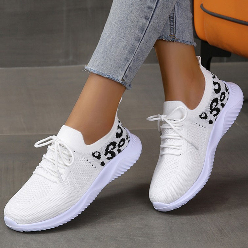 White Shoes Women Leopard Print Lace-up Sneakers Sports - DropOnline.co
