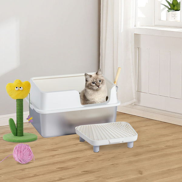 Stainless Steel With Plastic, Buckle Style With Shovel, Foot Pad, White Litter Box - DropOnline.co