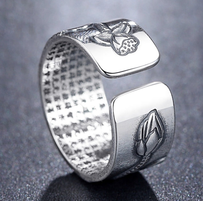 Thai Silver Black Lotus Heart Sutra  Ring - DropOnline.co