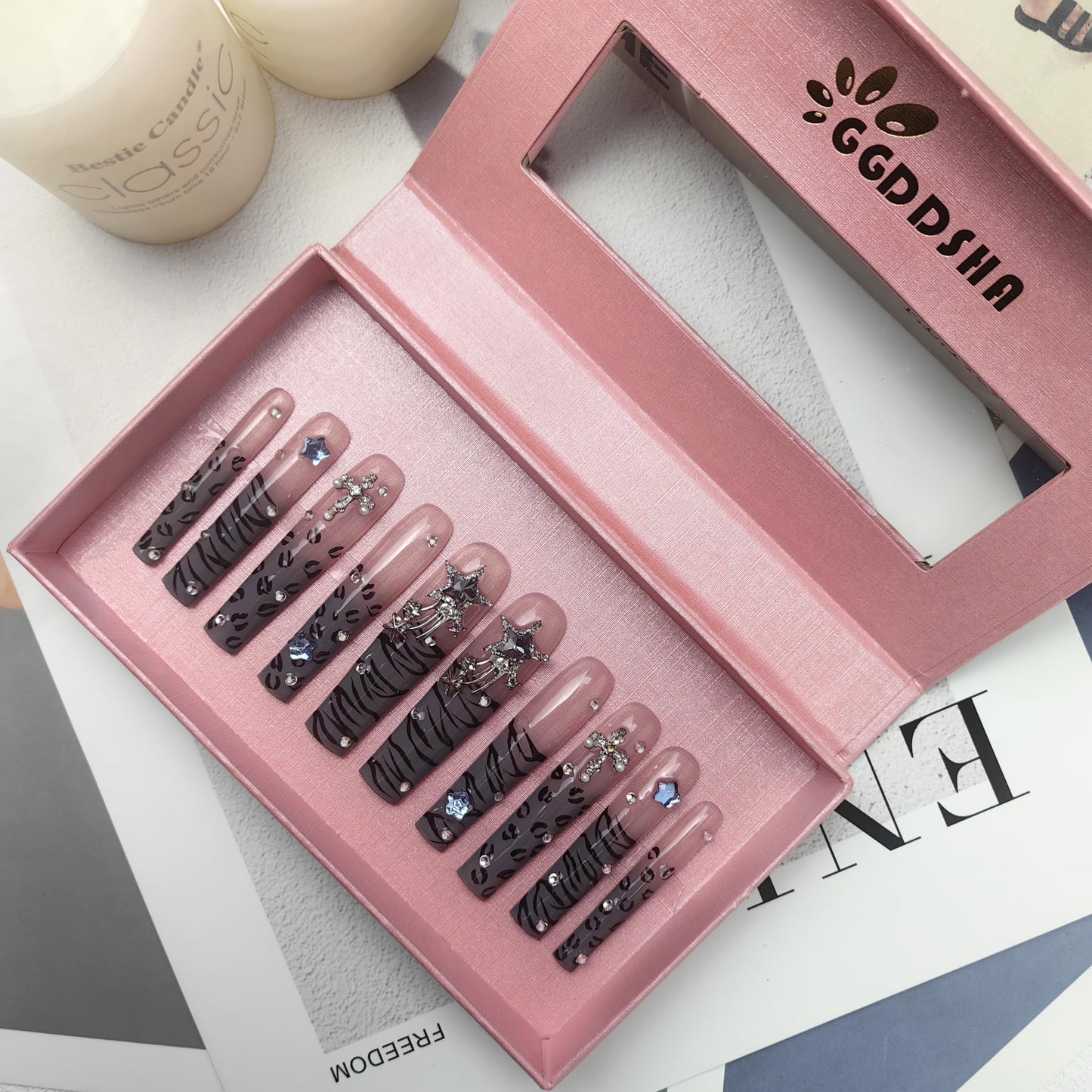 GGddsha Nails 2025 Long Novel Design And Reusable Handmade Nails Pmma Acrylic Nails Press On Nails Kit WithBox Gifts For Women,Stellar Stripe - DropOnline.co