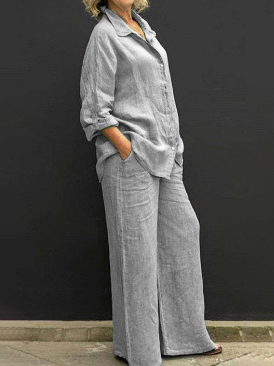 Women's Casual Urban Shirt Set - Long Sleeve Top and Trousers Outfit - DropOnline.co