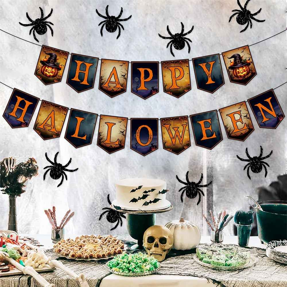 2 Packs Happy Halloween Banner Spider Ornament - Trick Or Treat Bunting Flag - DropOnline.co