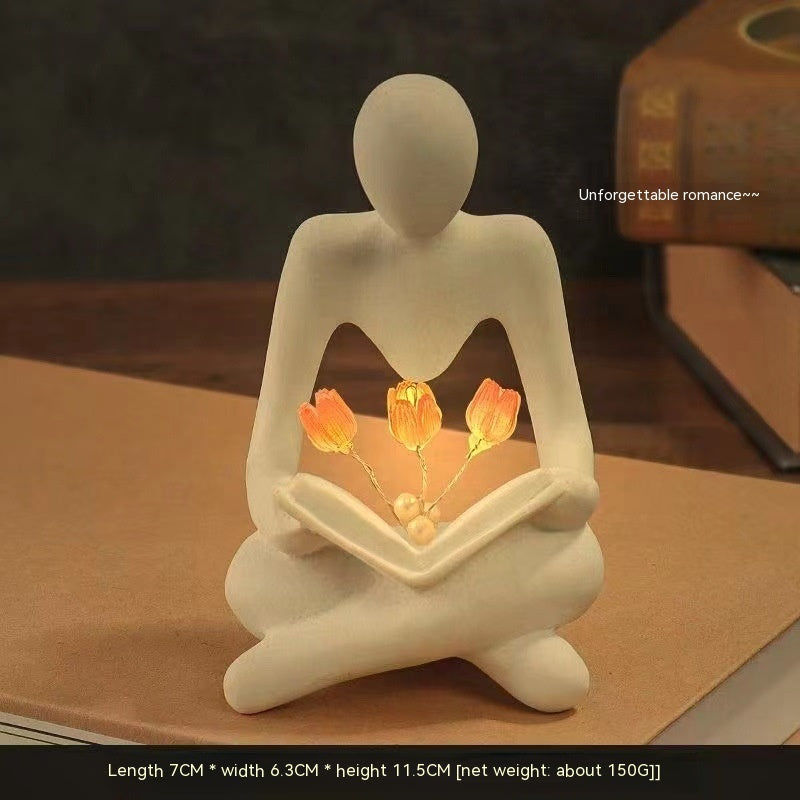 Nordic Abstract Thinker Statue Lights Creative Reader Tulip Book Sculpture Night Lamp Desk Bookshelf Figurines Decor - DropOnline.co