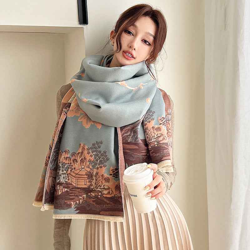 Vintage Plum Scarf - Women's Artificial Cashmere Thickened Double-Sided Student Shawl