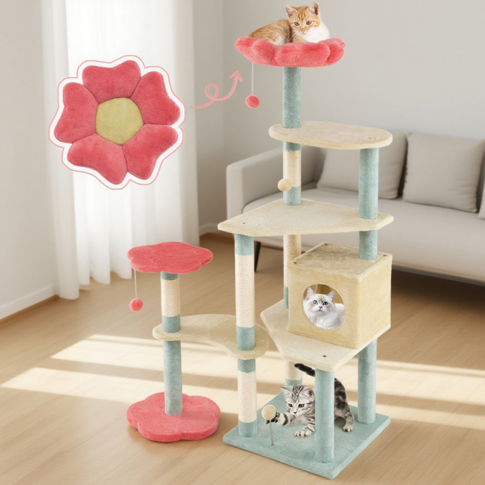 61 Inch Multi-Level Aesthetic Floral Kitten Tower With Flower-Shaped Padded Perch - DropOnline.co