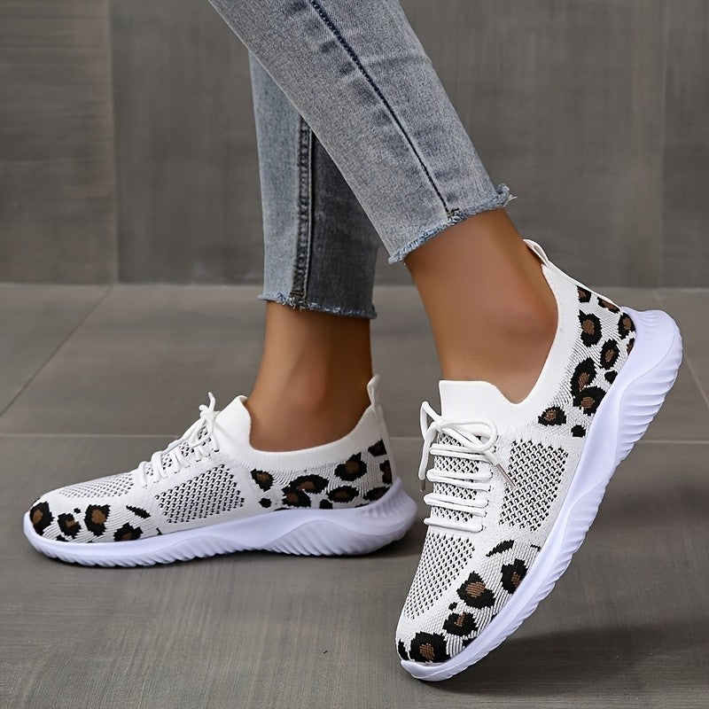 White Shoes Women Leopard Print Lace-up Sneakers Sports - DropOnline.co