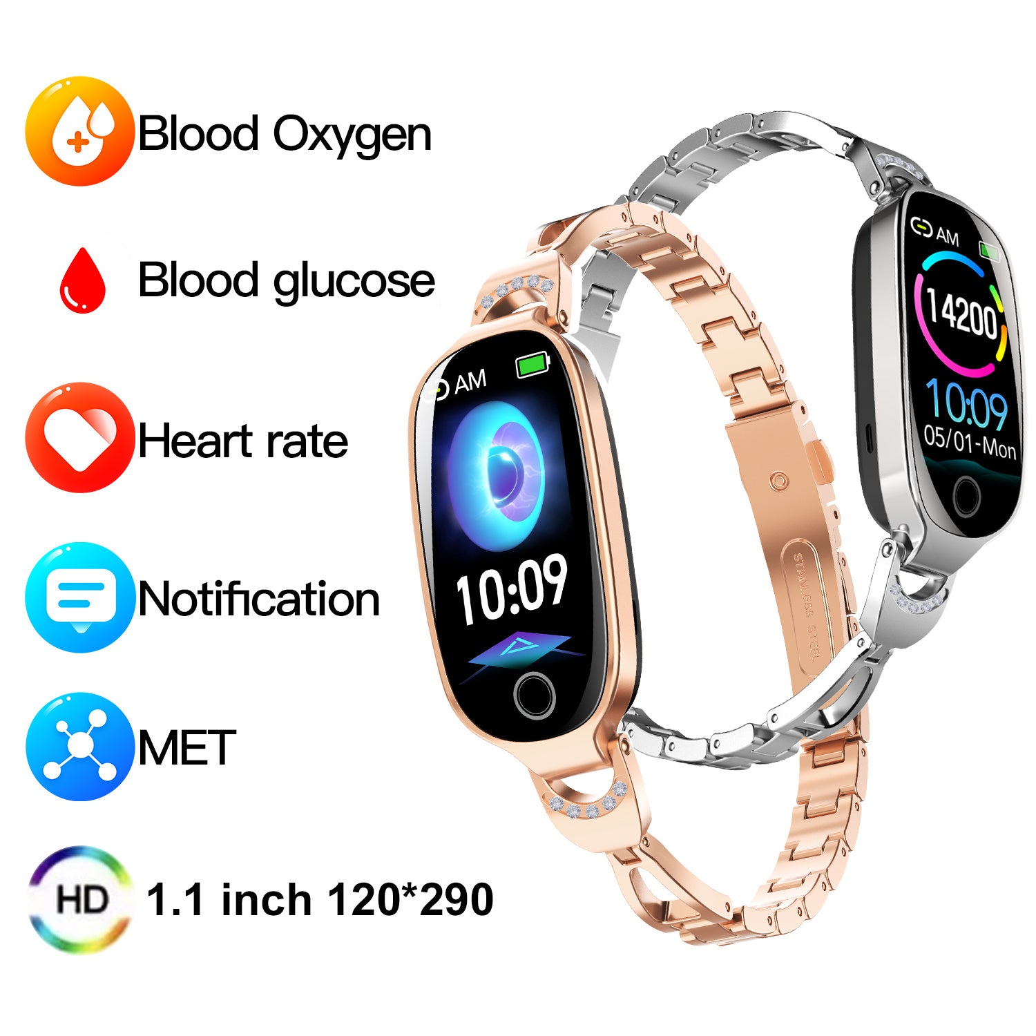 Gold Smartwatch For Women Compatible For Android& IOS,Bling Smart Bracelet With Female Menstrual Cycle Heart Rate Blood Pressure Remote Photography Waterproof Pedometer - DropOnline.co
