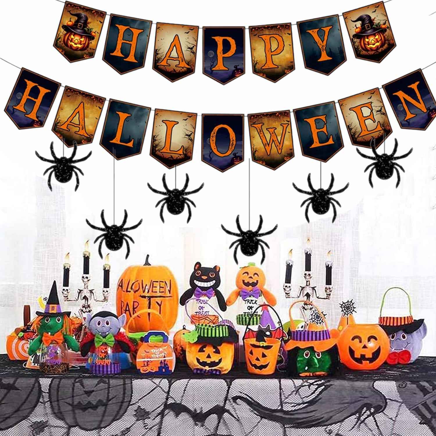 2 Packs Happy Halloween Banner Spider Ornament - Trick Or Treat Bunting Flag - DropOnline.co