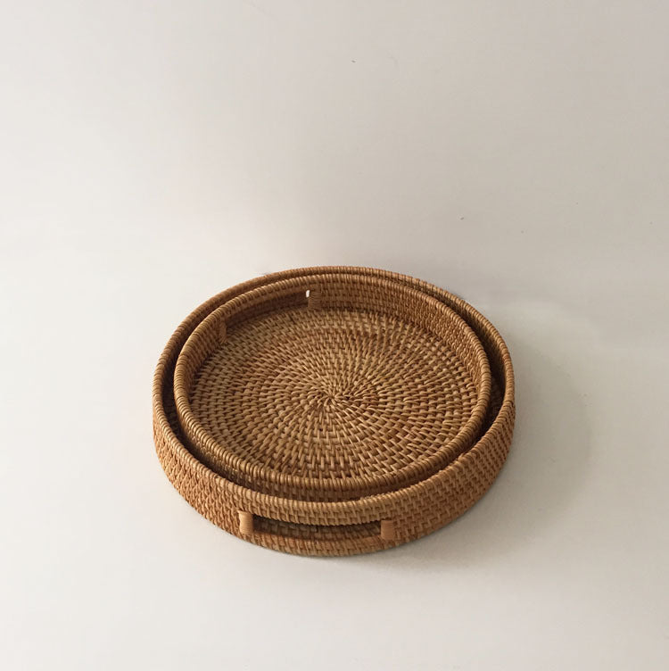 Rattan Snack Storage Tray Round Basket Hand Woven Decor Bread Fruit Food Display R9JC - DropOnline.co