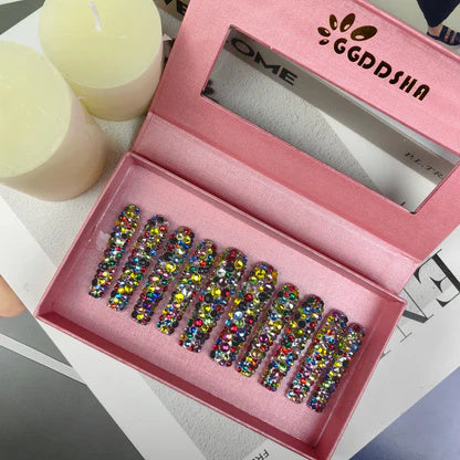 GGddsha 2025 Long Nail Designs Reusable PMMA AcrylicBaroque Glass Style Press-on Nails With Box Gifts ForWomen,Mosaic Mirage - DropOnline.co