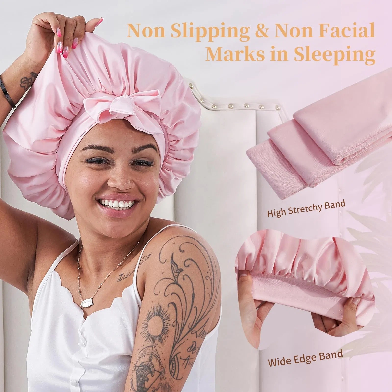 Silk Bonnet For Sleeping Women, Satin Hair Bonnet For Sleeping For Wavy Curly Natural Hair Women Men - Pink - DropOnline.co