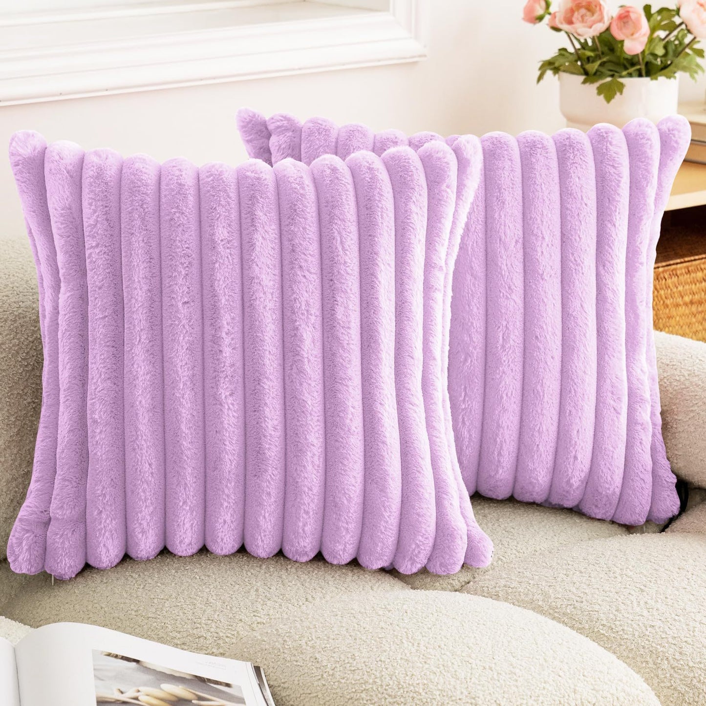 Rabbit Fur Solid Color Vertical Bar Plush Square Cushion Cover - DropOnline.co