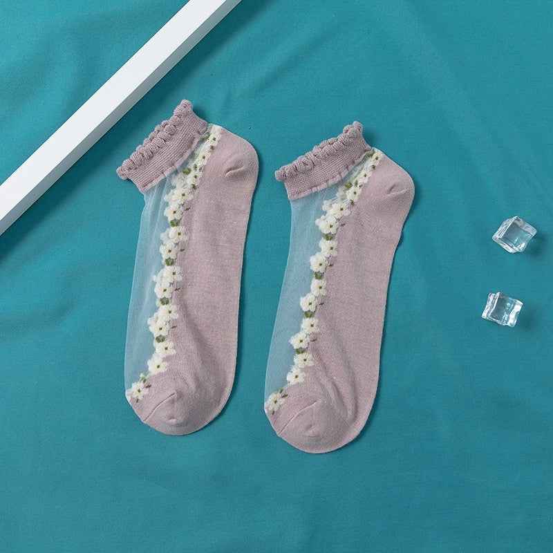 Women's Thin Spun Glass Lace Crystal Boat Socks - Delicate No-Show Socks